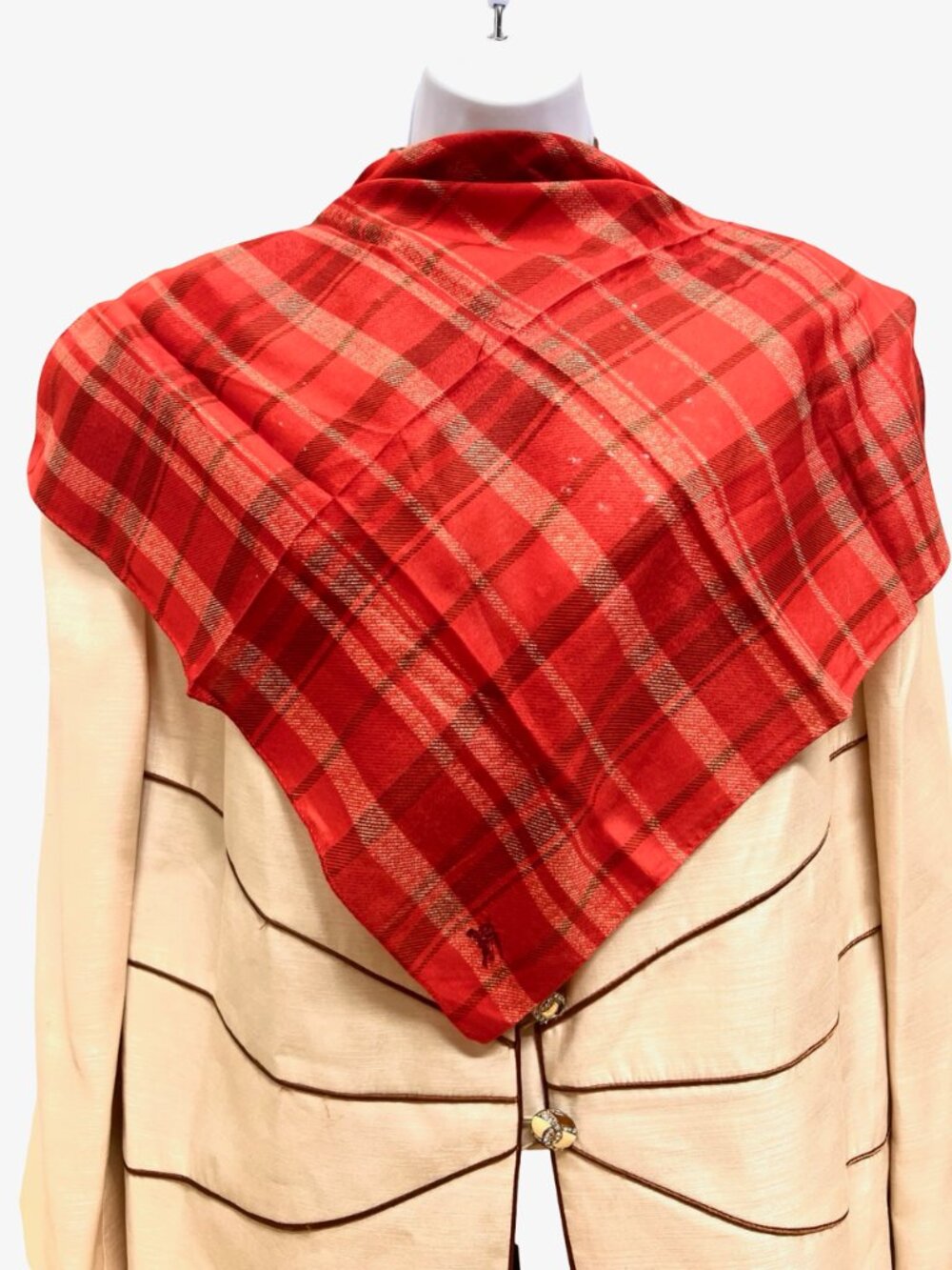 New Never worn Burberry Neck-kerchief 19.5" red black gray check embroidered(95 - Picture 5 of 12